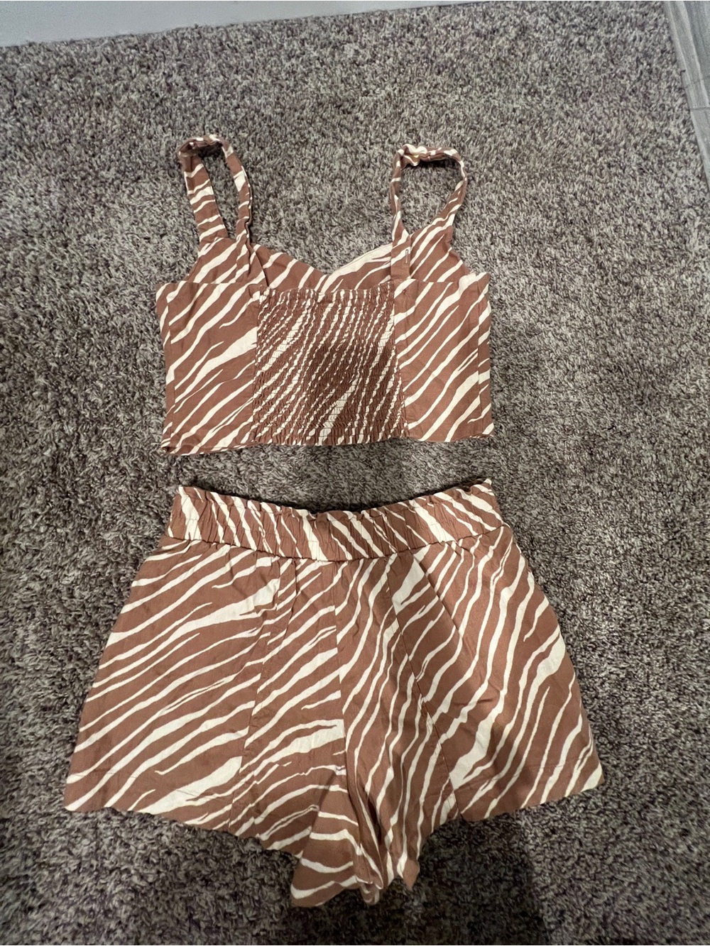 A New Day Brown Zebra Print Linen Blend Shorts Crop Set small xsmall - Picture 3 of 6